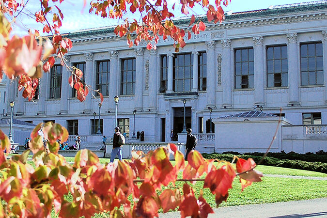 Doe library with fall leaves