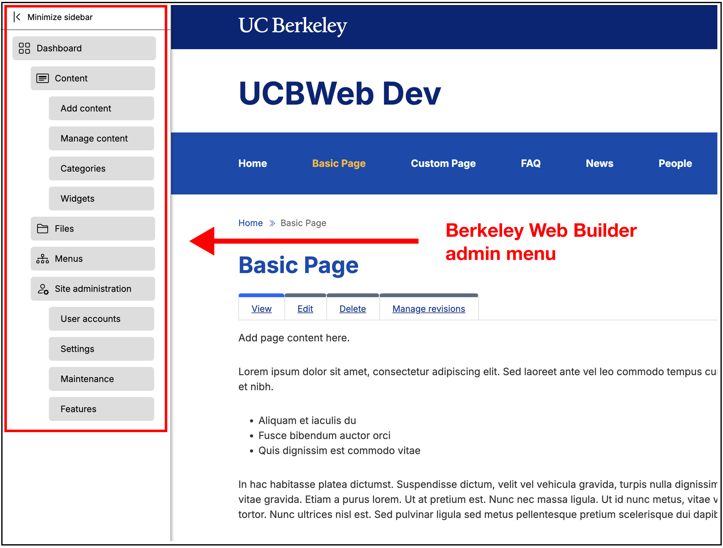 Screenshot of Berkeley Web Builder admin sidebar menu highlighted