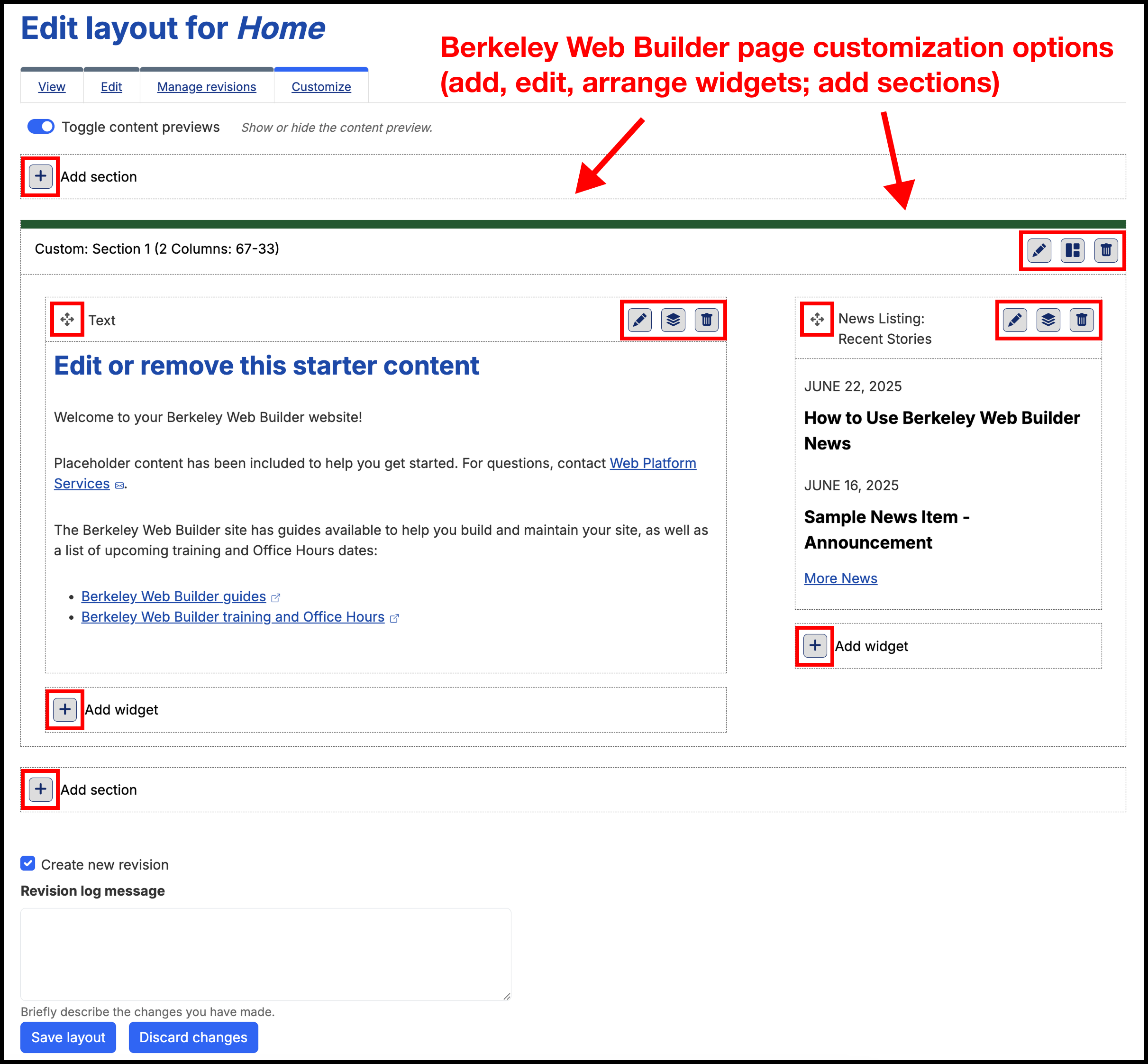 Screenshot of the Berkeley Web Builder Customize tab with the button options highlighted