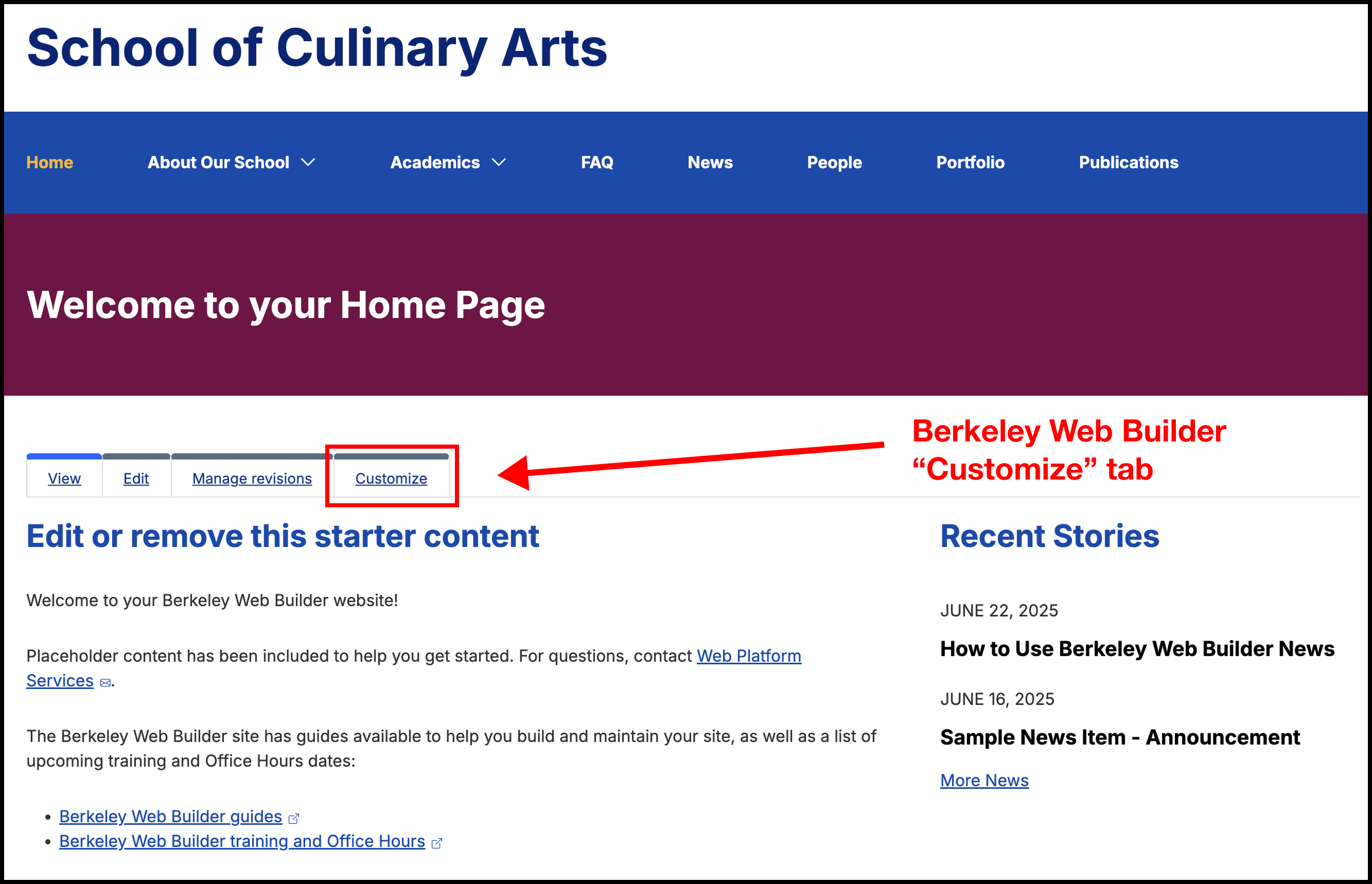 Screenshot of a Berkeley Web Builder custom page with the Customize tab highlighted