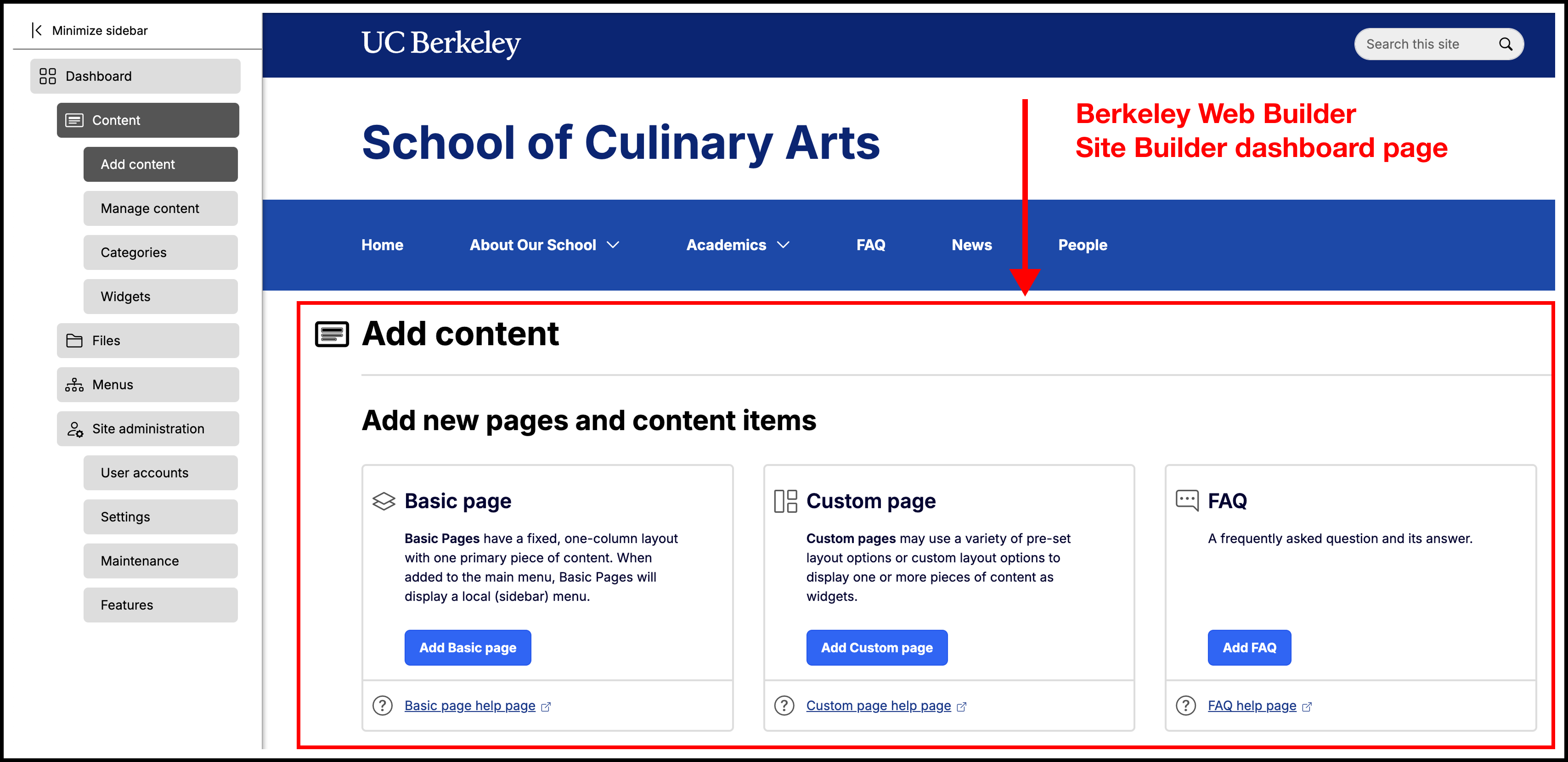 Screenshot of the Berkeley Web Builder Add Content dashboard page