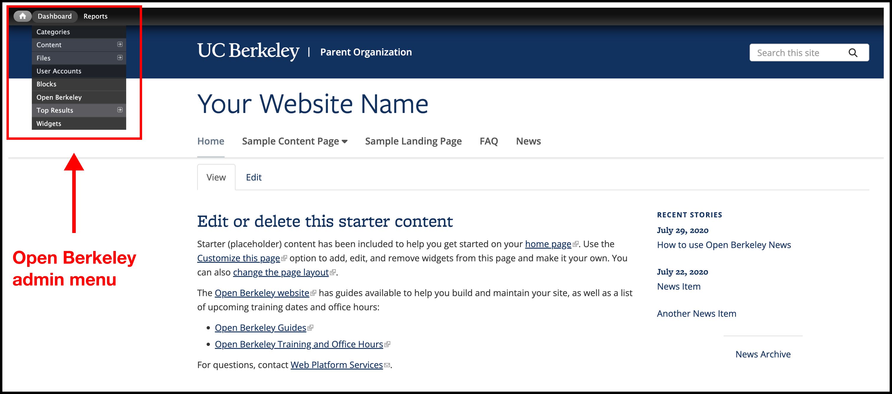 Screenshot of an Open Berkeley dropdown menu highlighted