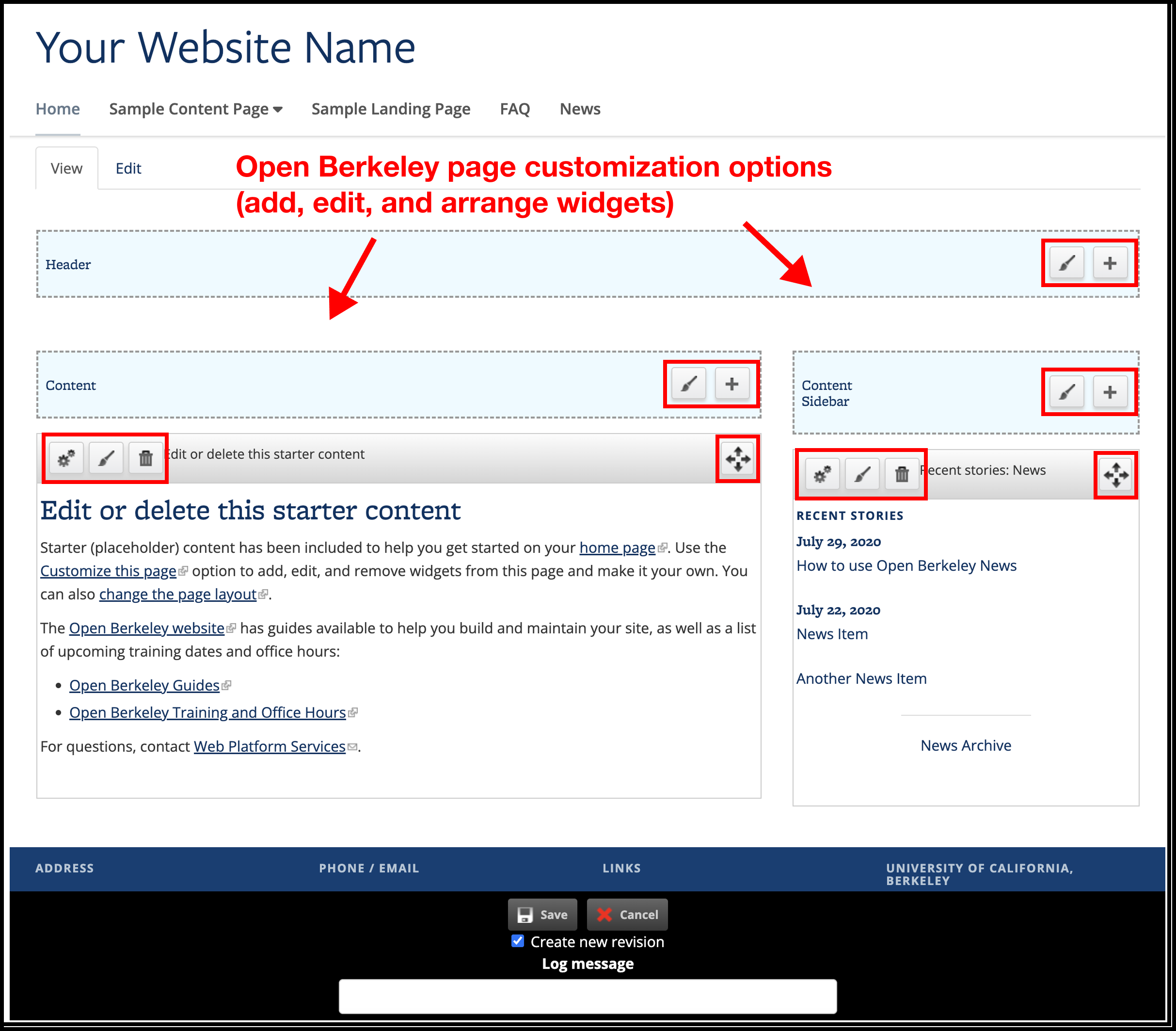 Screenshot of the Open Berkeley customize interface with the various button options highlighted