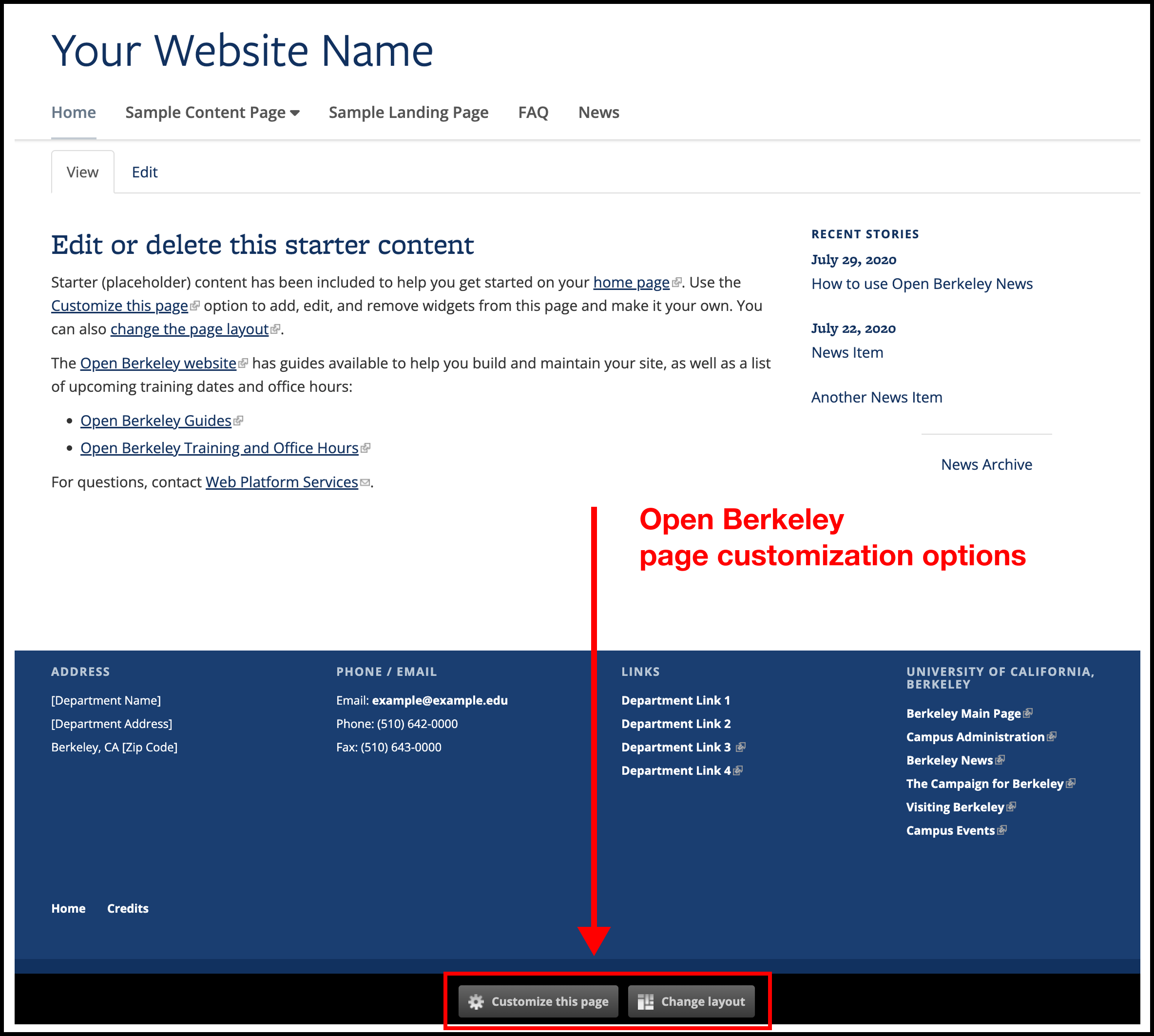 Screenshot of Open Berkeley homepage with Customize and Change Layout buttons highlighted