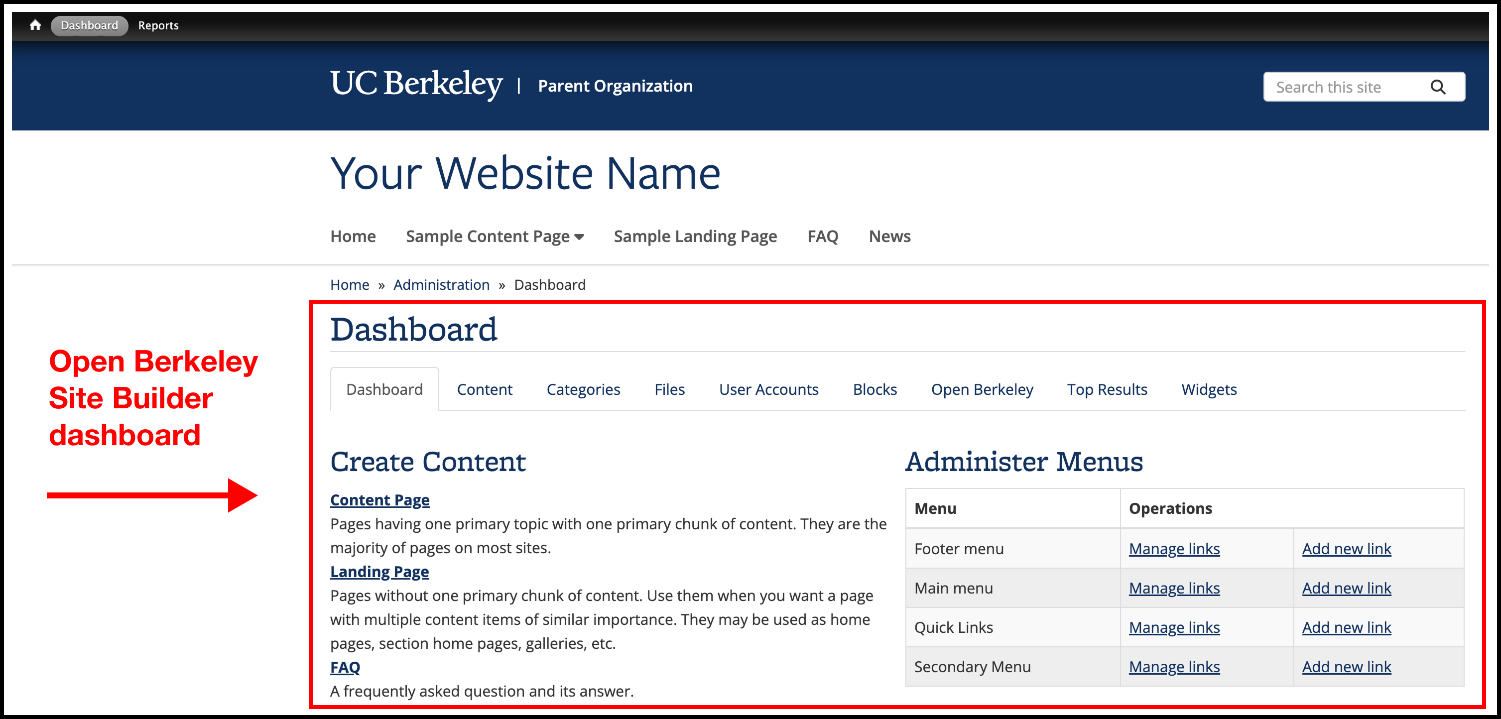 Screenshot of Open Berkeley site builder dashboard highlighted