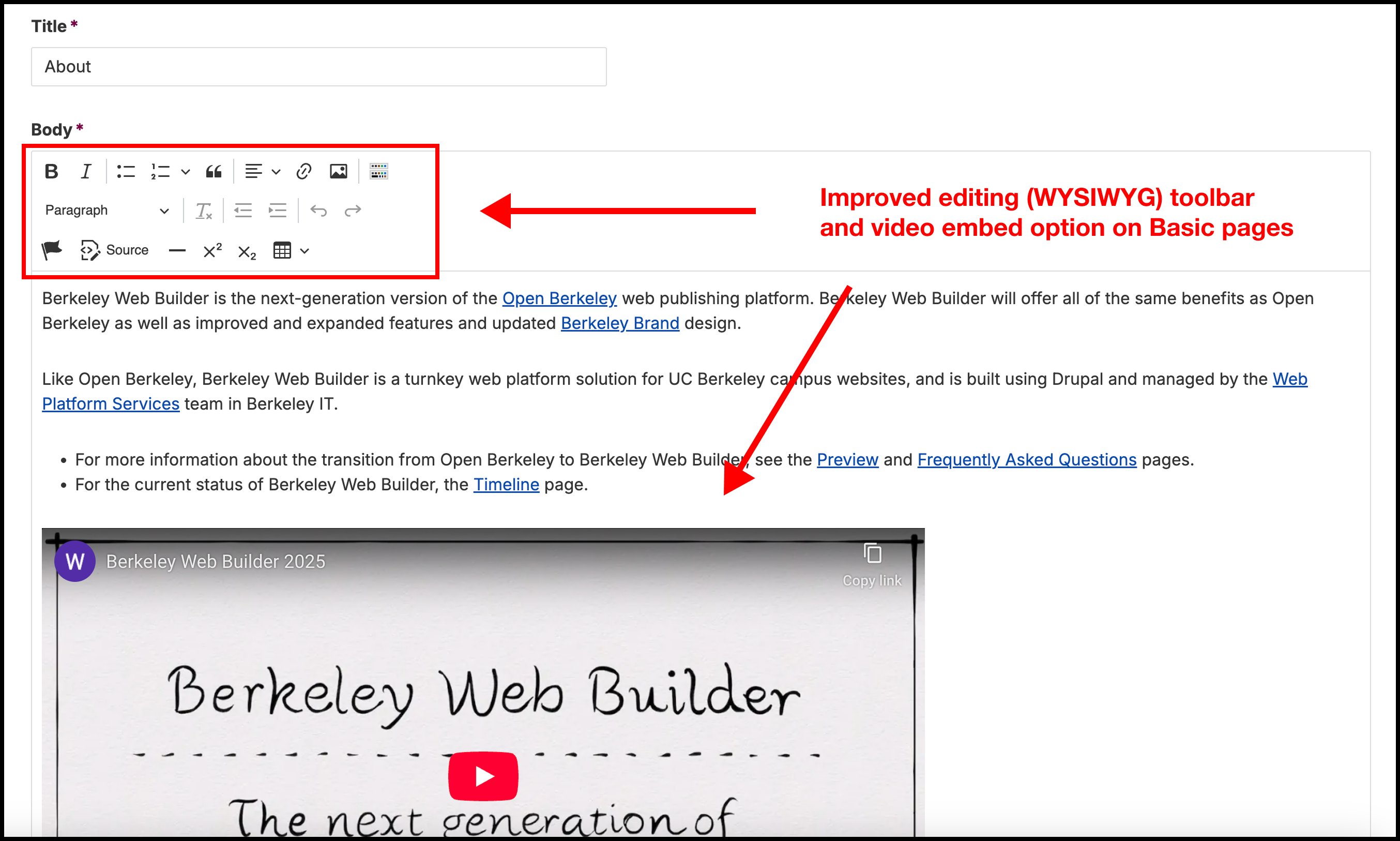 Screenshot of Basic page edit screen with editing toolbar and embedded video highlighted