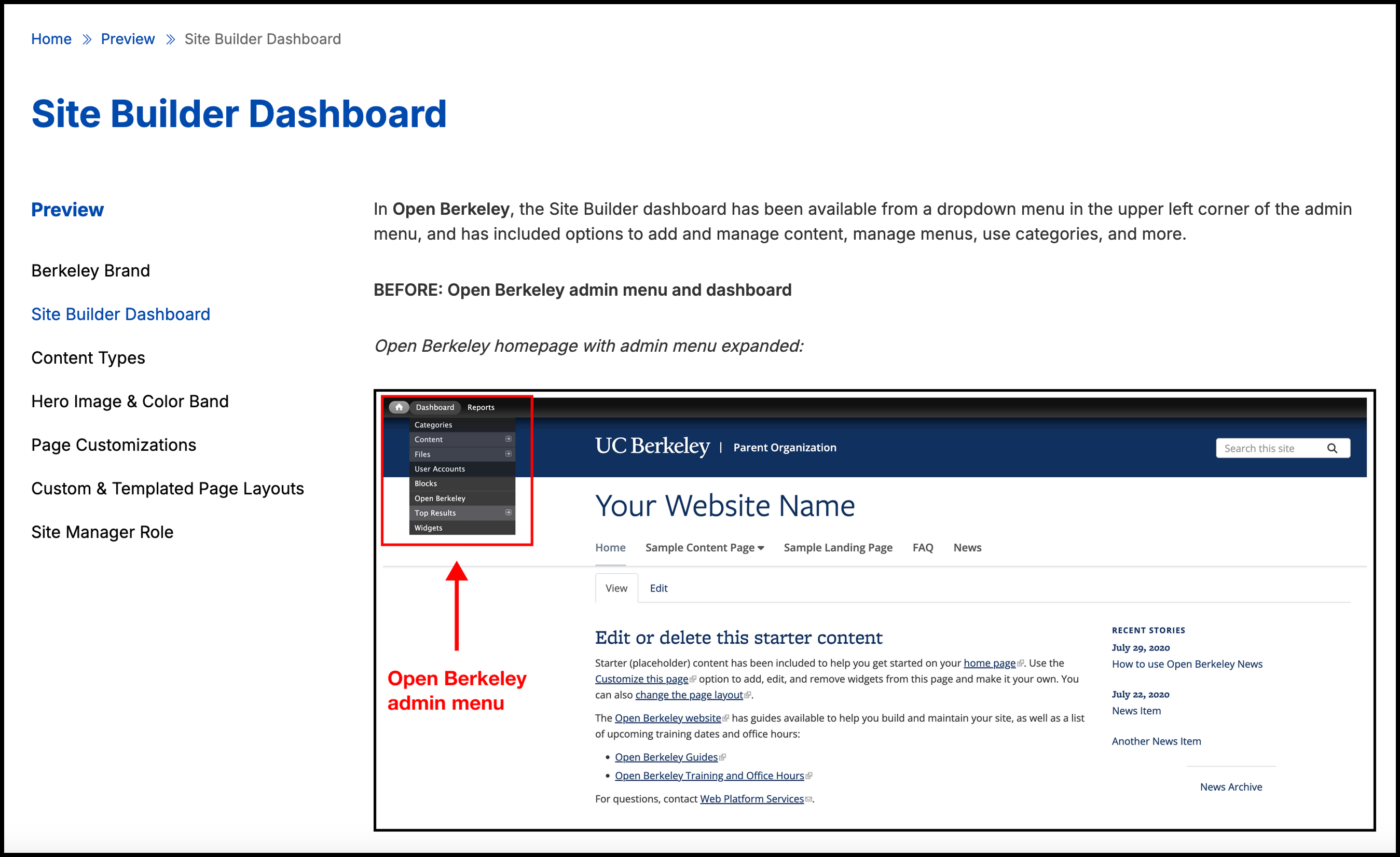 Screenshot of an example Berkeley Web Builder Basic page with a local menu and text and an image