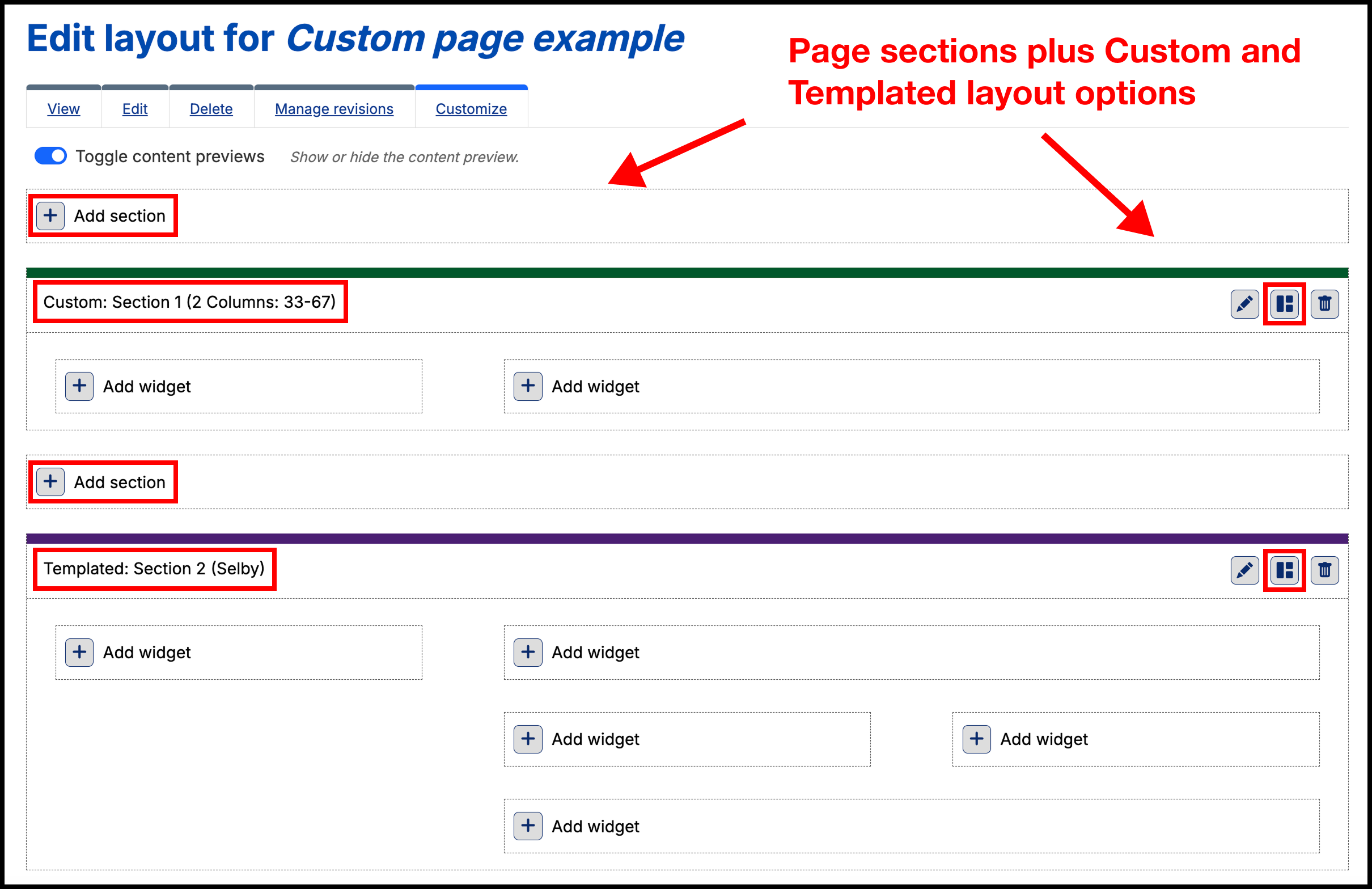 Screenshot of the Customize tab on a Custom page with the section and layout options highlighted