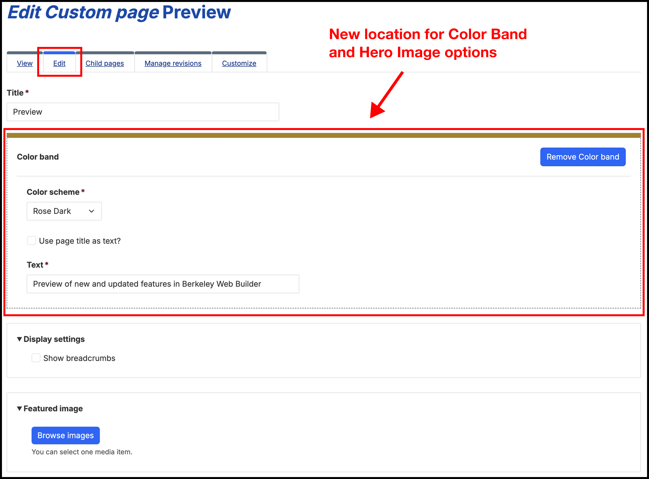 Screenshot of the Edit tab on a Custom page with the Hero and Color Band section highlighted
