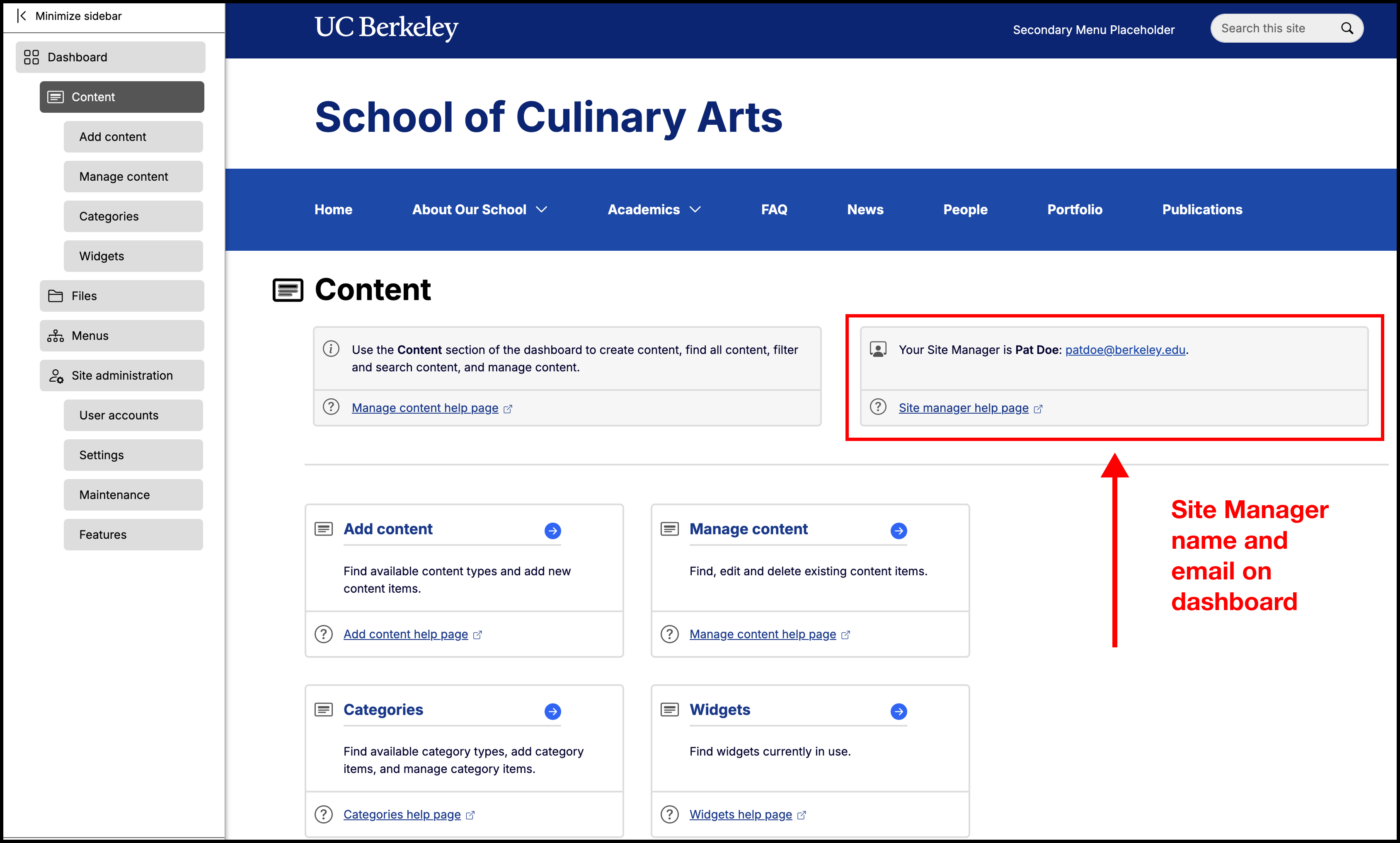 Screenshot of a Berkeley Web Builder dashboard page with the Site Manager help card highlighted