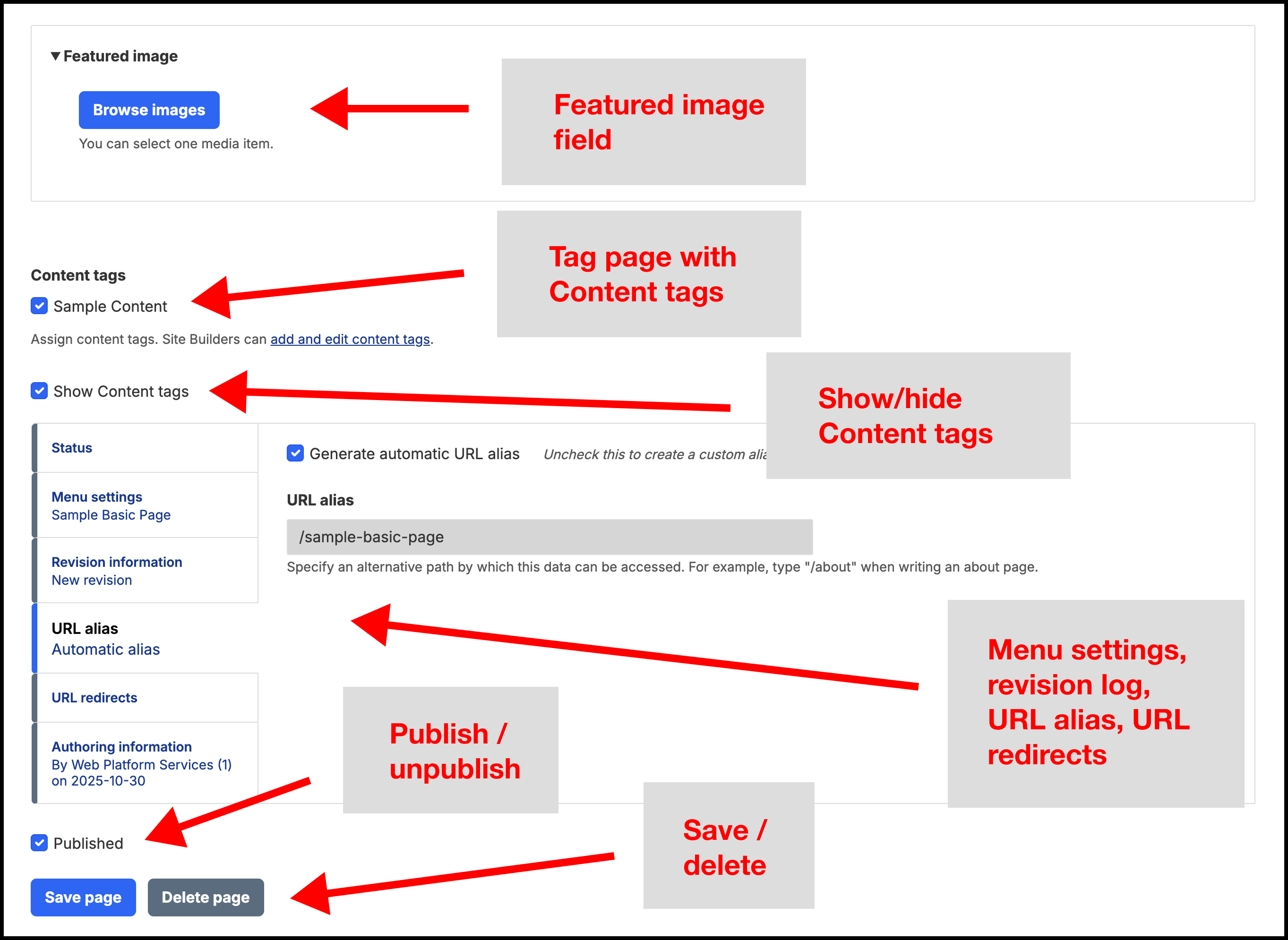 Screenshot of the bottom half of the Basic page edit screen with the content tags and other sections highlighted